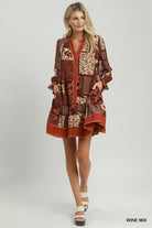 Umgee Wine Mix Patchwork Print Tiered Long Sleeve Dress-Short Dresses-umgee-Deja Nu Boutique, Women's Fashion Boutique in Lampasas, Texas
