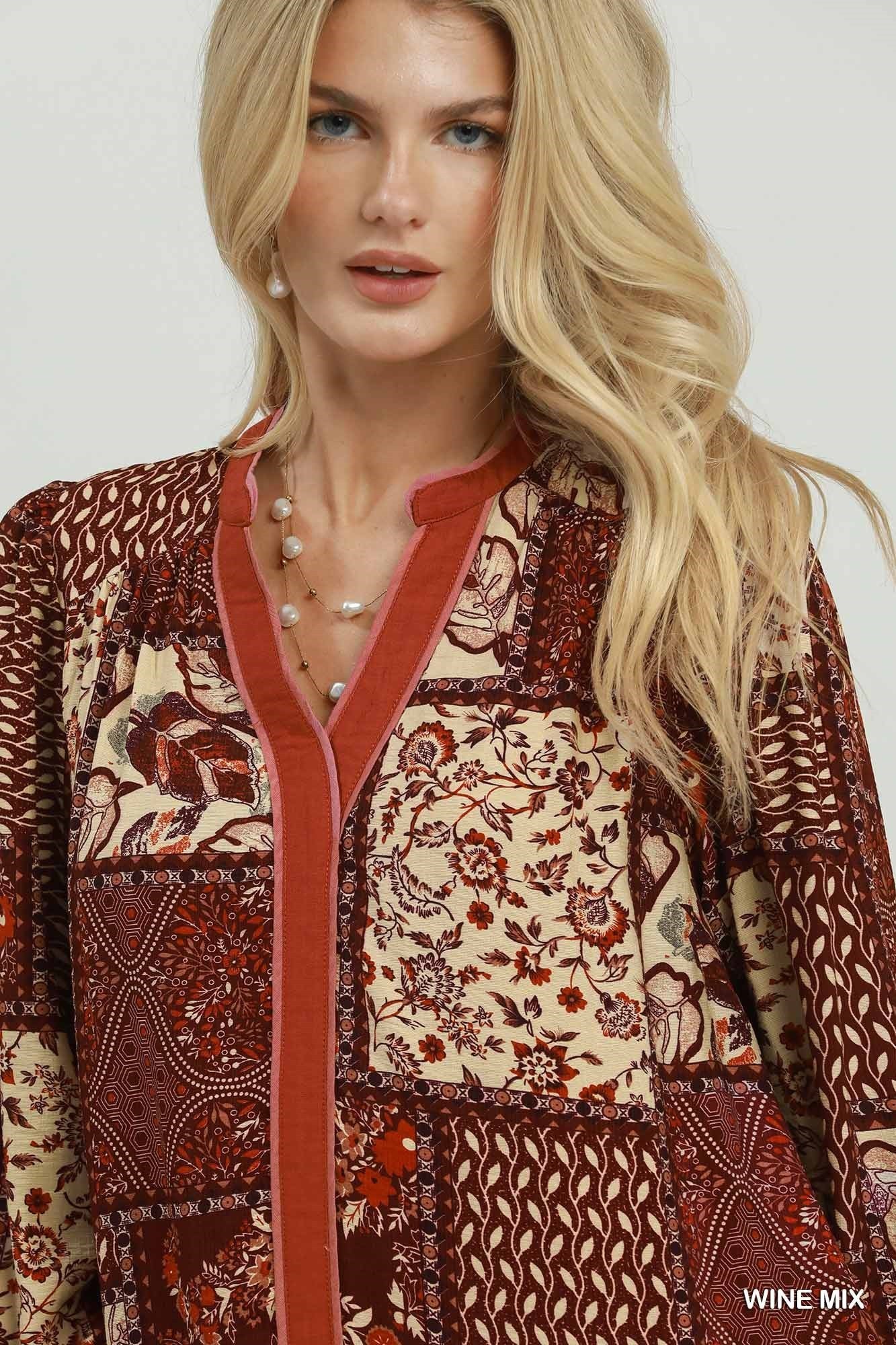 Umgee Wine Mix Patchwork Print Tiered Long Sleeve Dress-Short Dresses-umgee-Deja Nu Boutique, Women's Fashion Boutique in Lampasas, Texas