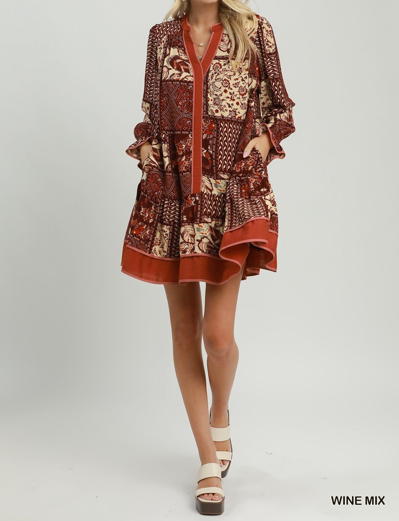 Umgee Wine Mix Patchwork Print Tiered Long Sleeve Dress-Short Dresses-umgee-Deja Nu Boutique, Women's Fashion Boutique in Lampasas, Texas