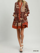 Umgee Wine Mix Patchwork Print Tiered Long Sleeve Dress-Short Dresses-umgee-Deja Nu Boutique, Women's Fashion Boutique in Lampasas, Texas