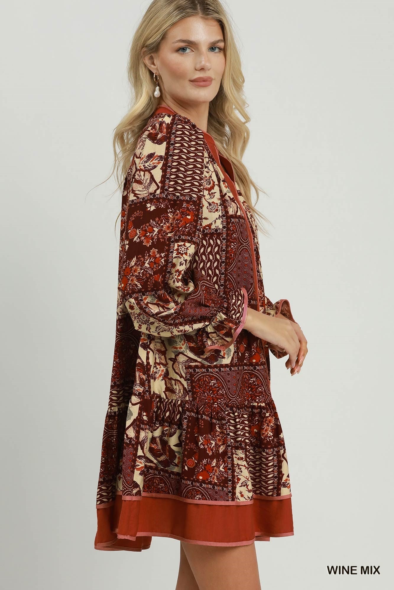 Umgee Wine Mix Patchwork Print Tiered Long Sleeve Dress-Short Dresses-umgee-Deja Nu Boutique, Women's Fashion Boutique in Lampasas, Texas