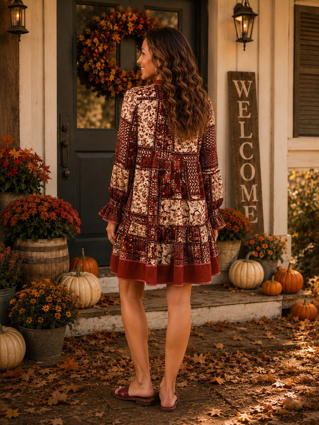 Umgee Wine Mix Patchwork Print Tiered Long Sleeve Dress-Short Dresses-umgee-Deja Nu Boutique, Women's Fashion Boutique in Lampasas, Texas