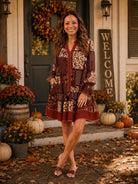 Umgee Wine Mix Patchwork Print Tiered Long Sleeve Dress-Short Dresses-umgee-Deja Nu Boutique, Women's Fashion Boutique in Lampasas, Texas