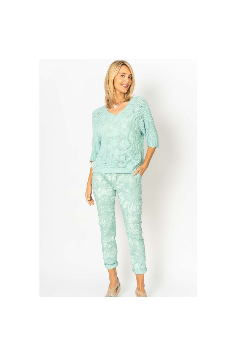 Look Mood Chic Breeze Aqua V Neck Open Weave Sweater-Tops-Look Mode-Deja Nu Boutique, Women's Fashion Boutique in Lampasas, Texas