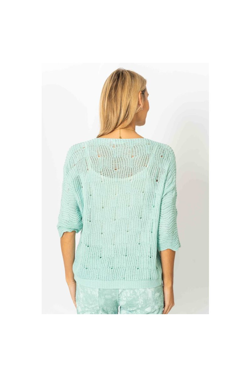 Look Mood Chic Breeze Aqua V Neck Open Weave Sweater-Tops-Look Mode-Deja Nu Boutique, Women's Fashion Boutique in Lampasas, Texas