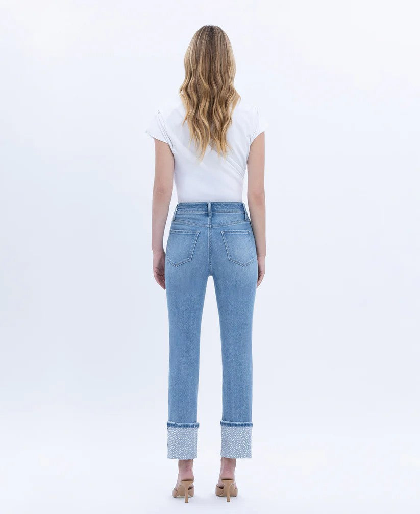 Vervet by Flying Monkey Elegant Serenity High Rise Rhinestone Cuffed Slim Straight Jeans-Jeans-Vervet by Flying Monkey-Deja Nu Boutique, Women's Fashion Boutique in Lampasas, Texas