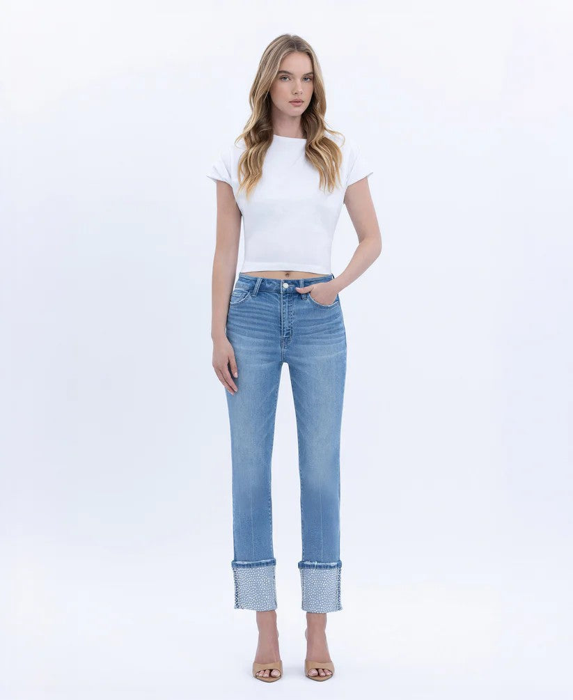 Vervet by Flying Monkey Elegant Serenity High Rise Rhinestone Cuffed Slim Straight Jeans-Jeans-Vervet by Flying Monkey-Deja Nu Boutique, Women's Fashion Boutique in Lampasas, Texas