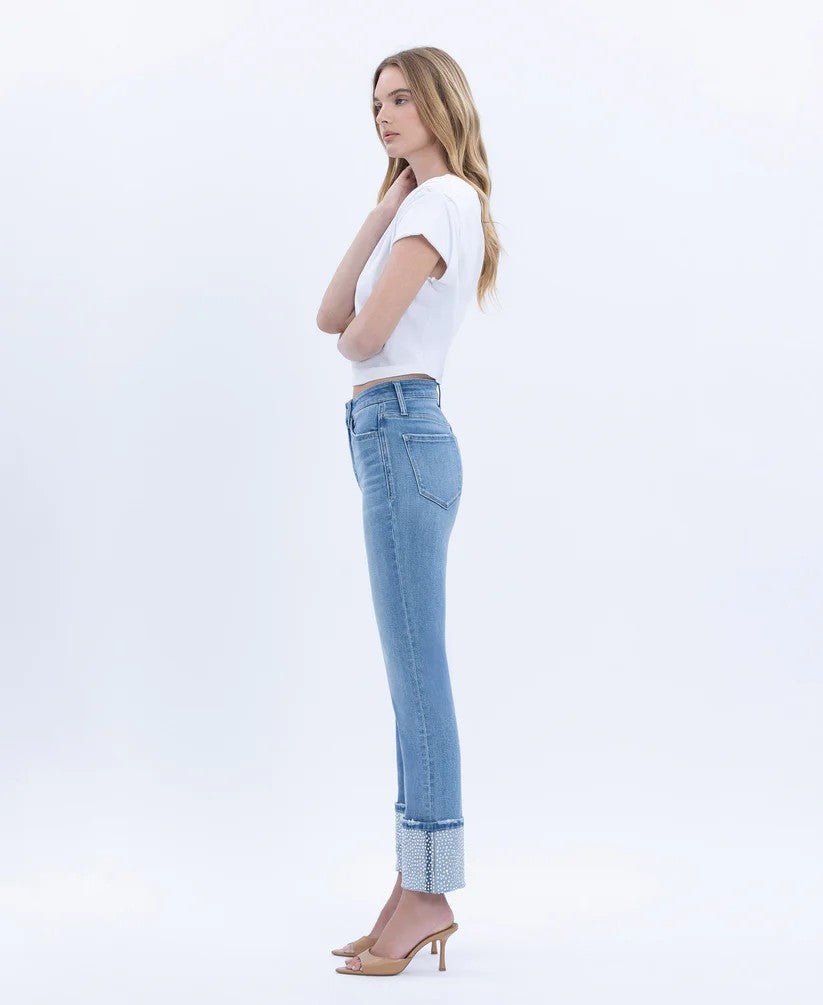 Vervet by Flying Monkey Elegant Serenity High Rise Rhinestone Cuffed Slim Straight Jeans-Jeans-Vervet by Flying Monkey-Deja Nu Boutique, Women's Fashion Boutique in Lampasas, Texas