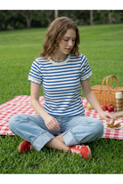 Vine & Love Blue & White Charming Striped Scalloped Edge Knit Sweater | VT83540-Sweaters-Vine & Love-Deja Nu Boutique, Women's Fashion Boutique in Lampasas, Texas
