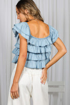 Vine & Love Chambray Denim Top with Ruffle Sleeve in Light Denim-Tops-Vine & Love-Deja Nu Boutique, Women's Fashion Boutique in Lampasas, Texas