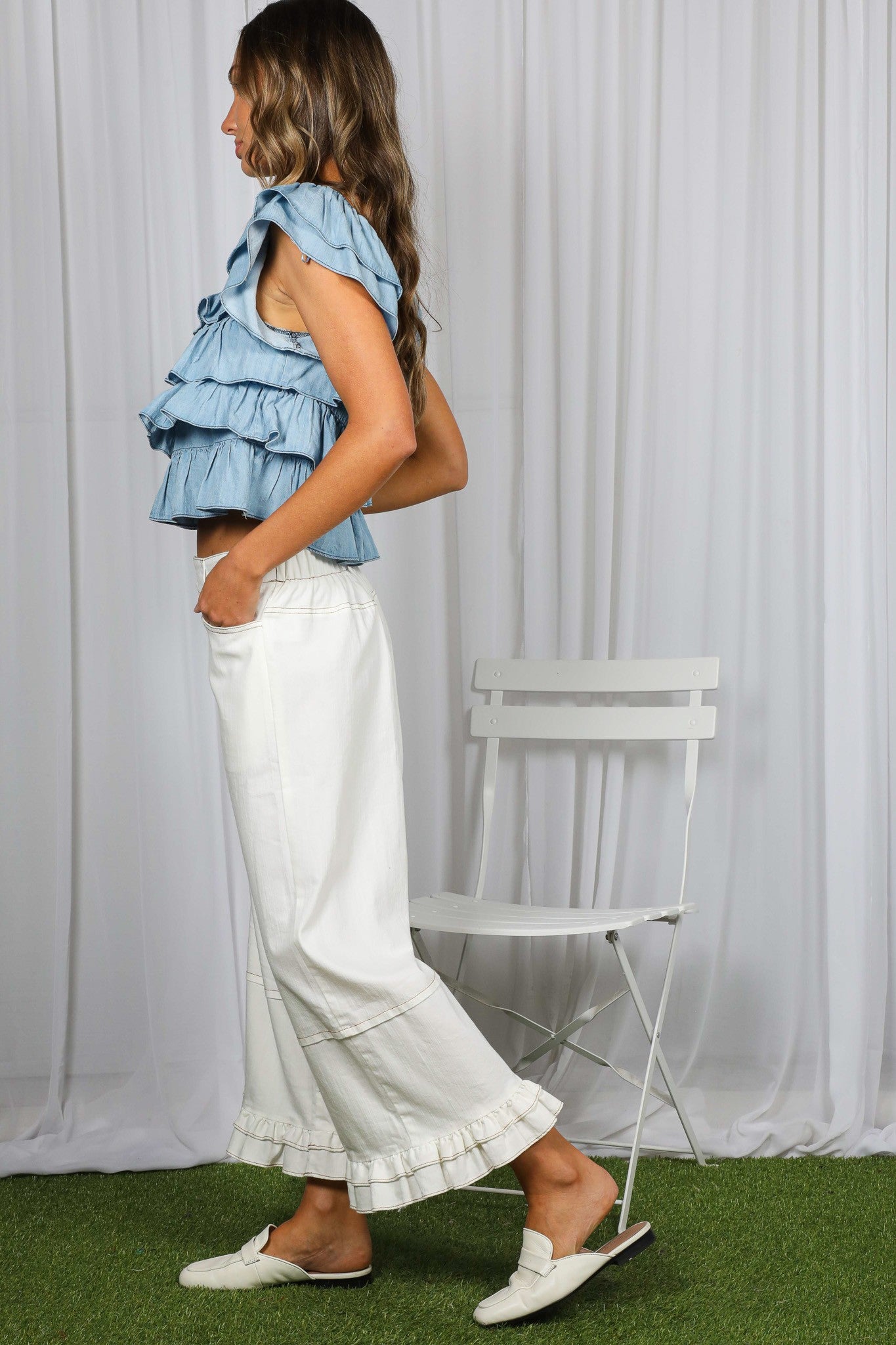 Vine & Love Chambray Denim Top with Ruffle Sleeve in Light Denim-Tops-Vine & Love-Deja Nu Boutique, Women's Fashion Boutique in Lampasas, Texas