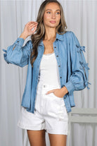 Vine & Love Chambray Bow Sleeve Button Front Shirt – Washed Denim-shirts-Vine & Love-Deja Nu Boutique, Women's Fashion Boutique in Lampasas, Texas