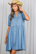 Vine & Love Short Sleeve Chambray Denim Mini Dress-Dresses-Vine & Love-Deja Nu Boutique, Women's Fashion Boutique in Lampasas, Texas