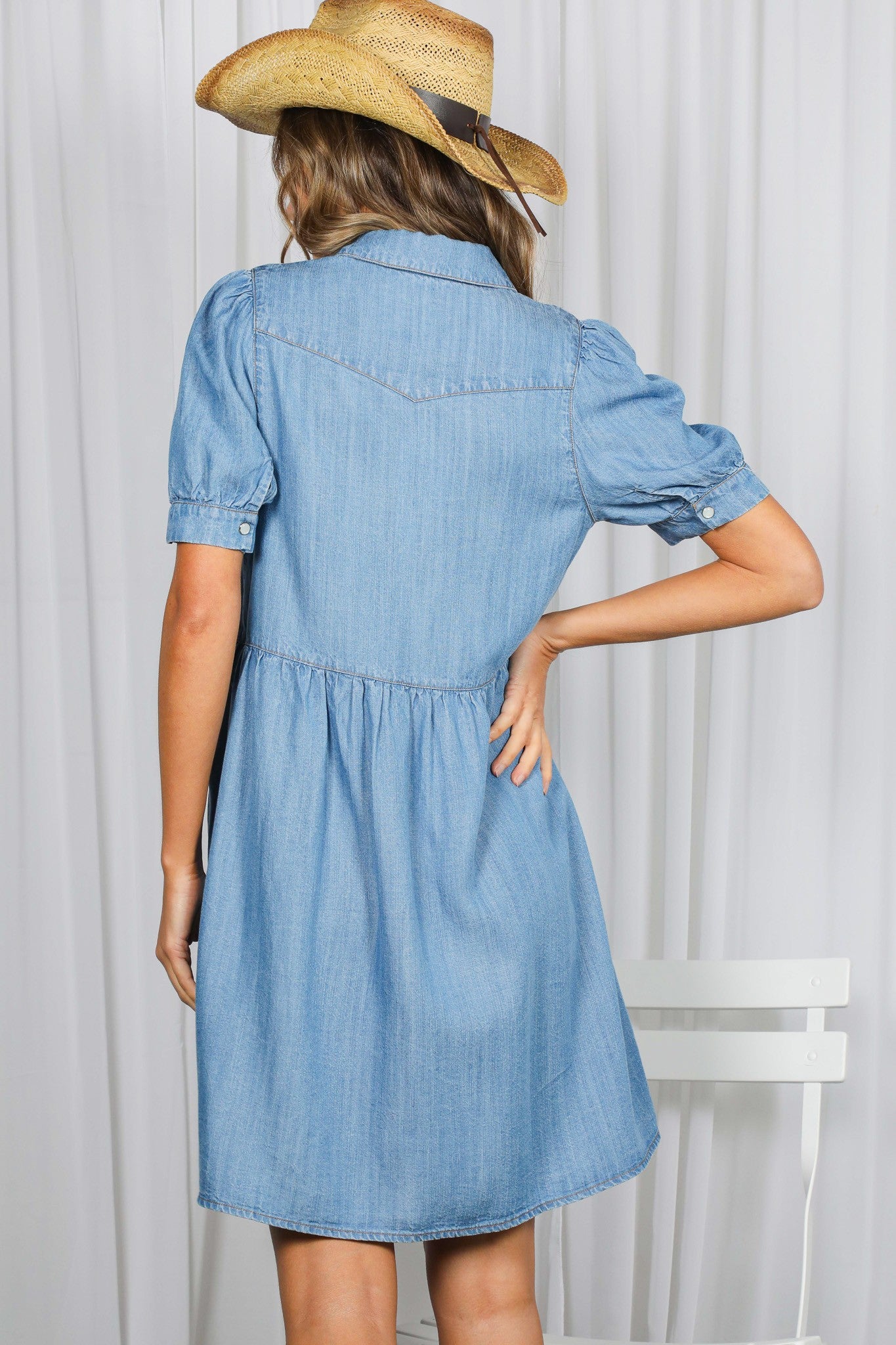 Vine & Love Short Sleeve Chambray Denim Mini Dress