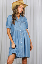 Vine & Love Short Sleeve Chambray Denim Mini Dress-Dresses-Vine & Love-Deja Nu Boutique, Women's Fashion Boutique in Lampasas, Texas