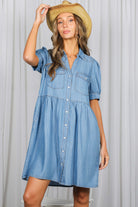 Vine & Love Short Sleeve Chambray Denim Mini Dress-Dresses-Vine & Love-Deja Nu Boutique, Women's Fashion Boutique in Lampasas, Texas