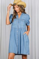 Vine & Love Short Sleeve Chambray Denim Mini Dress-Dresses-Vine & Love-Deja Nu Boutique, Women's Fashion Boutique in Lampasas, Texas