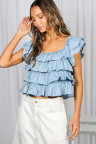 Vine & Love Chambray Denim Top with Ruffle Sleeve in Light Denim-Tops-Vine & Love-Deja Nu Boutique, Women's Fashion Boutique in Lampasas, Texas