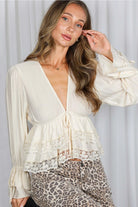 Vine & Love Lace Accent Front Tie Blouse – Cream-Tops-Vine & Love-Deja Nu Boutique, Women's Fashion Boutique in Lampasas, Texas