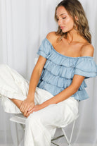 Vine & Love Chambray Denim Top with Ruffle Sleeve in Light Denim-Tops-Vine & Love-Deja Nu Boutique, Women's Fashion Boutique in Lampasas, Texas