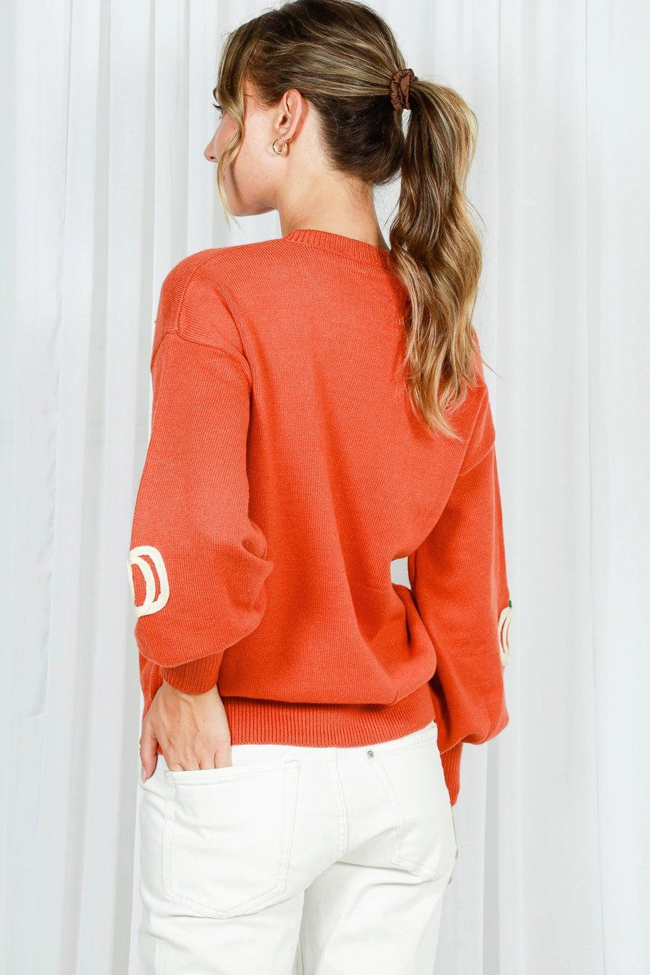 Vine & Love Pumpkin Embroidered Crew Neck Knitted Sweater Top-Sweaters-Vine & Love-Deja Nu Boutique, Women's Fashion Boutique in Lampasas, Texas