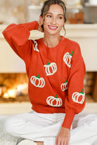 Vine & Love Pumpkin Embroidered Crew Neck Knitted Sweater Top-Sweaters-Vine & Love-Deja Nu Boutique, Women's Fashion Boutique in Lampasas, Texas