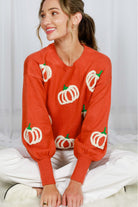 Vine & Love Pumpkin Embroidered Crew Neck Knitted Sweater Top-Sweaters-Vine & Love-Deja Nu Boutique, Women's Fashion Boutique in Lampasas, Texas