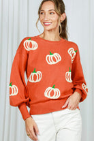 Vine & Love Pumpkin Embroidered Crew Neck Knitted Sweater Top-Sweaters-Vine & Love-Deja Nu Boutique, Women's Fashion Boutique in Lampasas, Texas