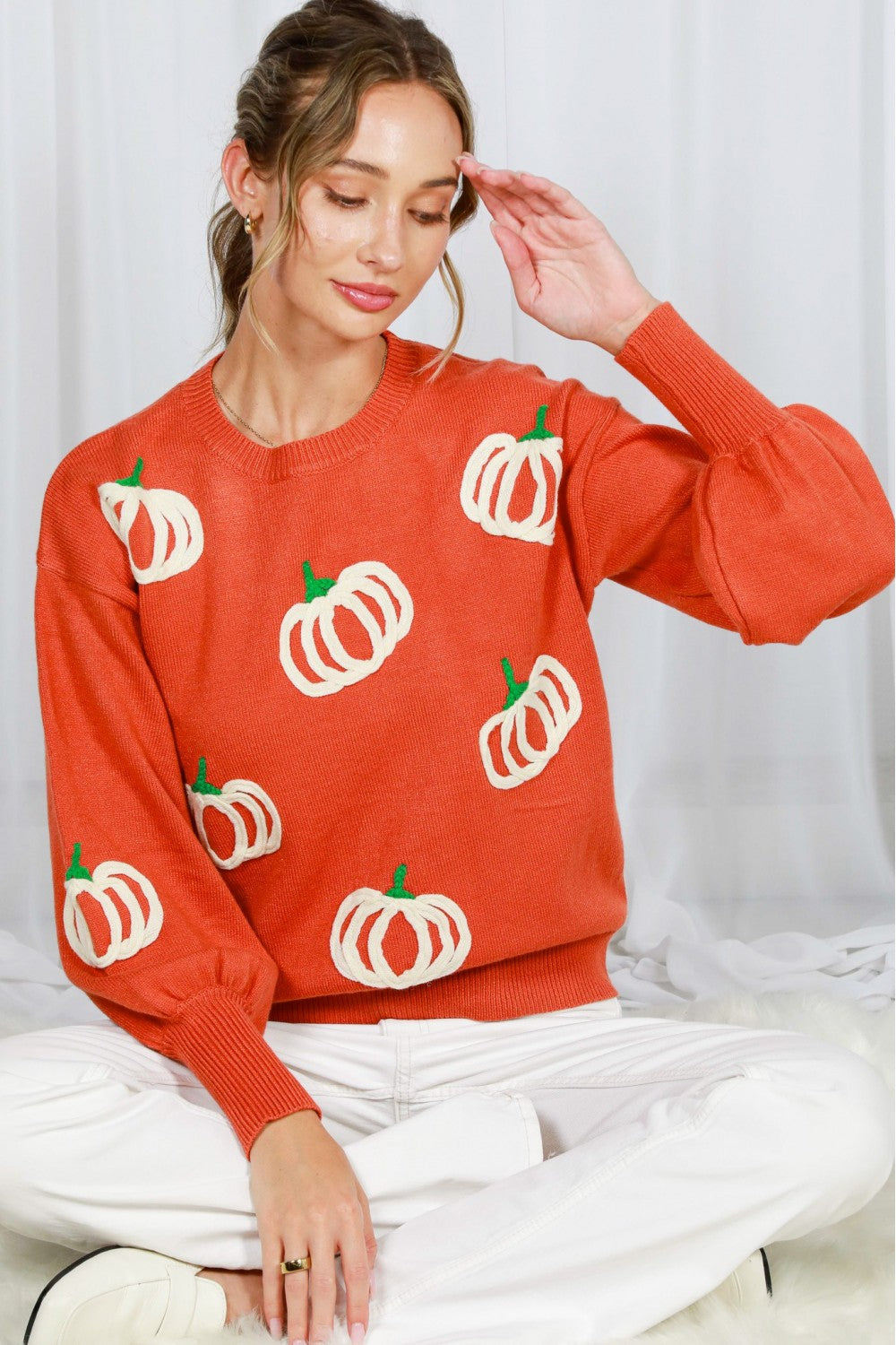 Vine & Love Pumpkin Embroidered Crew Neck Knitted Sweater Top-Sweaters-Vine & Love-Deja Nu Boutique, Women's Fashion Boutique in Lampasas, Texas