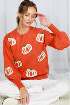 Vine & Love Pumpkin Embroidered Crew Neck Knitted Sweater Top-Sweaters-Vine & Love-Deja Nu Boutique, Women's Fashion Boutique in Lampasas, Texas