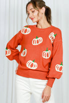 Vine & Love Pumpkin Embroidered Crew Neck Knitted Sweater Top-Sweaters-Vine & Love-Deja Nu Boutique, Women's Fashion Boutique in Lampasas, Texas