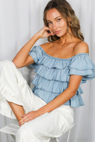 Vine & Love Chambray Denim Top with Ruffle Sleeve in Light Denim-Tops-Vine & Love-Deja Nu Boutique, Women's Fashion Boutique in Lampasas, Texas