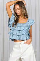Vine & Love Chambray Denim Top with Ruffle Sleeve in Light Denim-Tops-Vine & Love-Deja Nu Boutique, Women's Fashion Boutique in Lampasas, Texas
