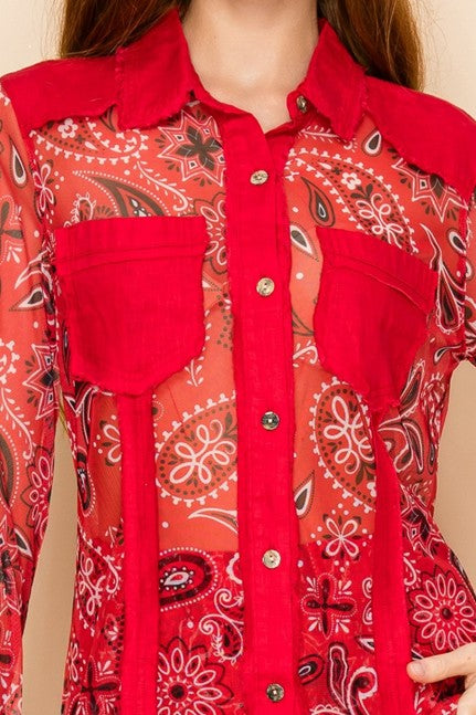 W.A.Y Wonderful & Young Red Bandana Mesh & Linen Shirt/Jacket-shirts-WAY-Deja Nu Boutique, Women's Fashion Boutique in Lampasas, Texas