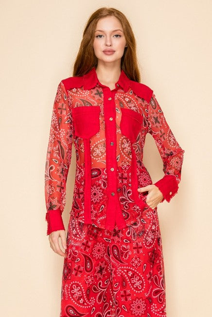 W.A.Y Wonderful & Young Red Bandana Mesh & Linen Shirt/Jacket-shirts-WAY-Deja Nu Boutique, Women's Fashion Boutique in Lampasas, Texas
