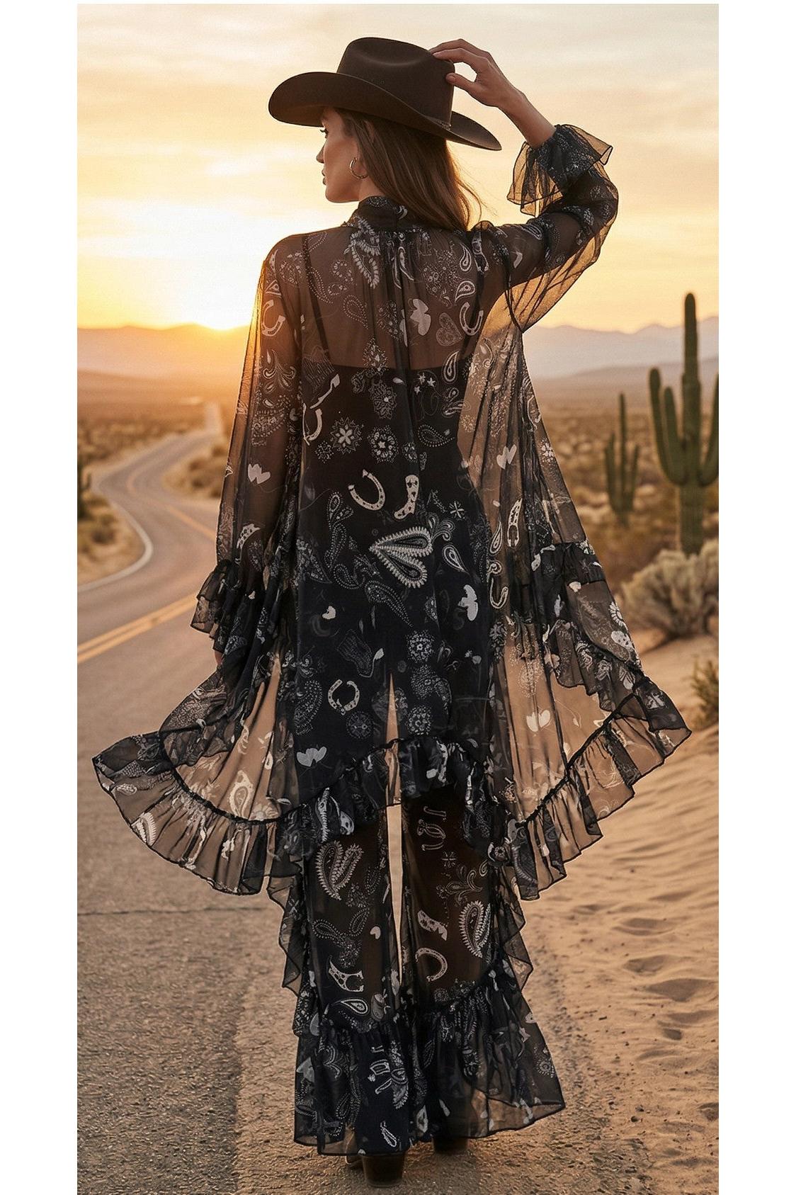 W.A.Y Wonderful & Young Black Bandana Mesh Ruffle 2-Piece Blouse Set-Tops-WAY-Deja Nu Boutique, Women's Fashion Boutique in Lampasas, Texas