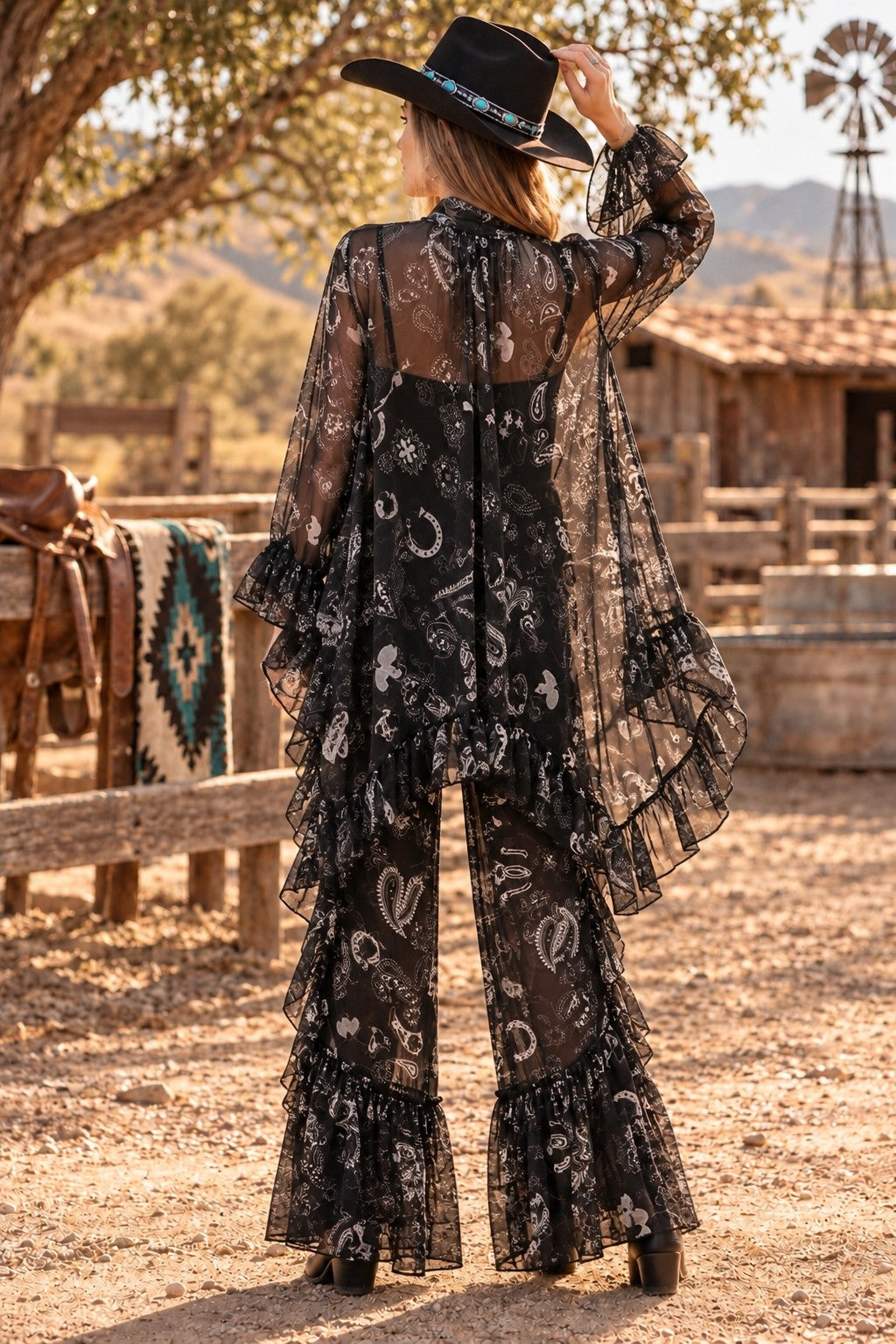 W.A.Y Wonderful & Young Black Bandana Mesh Ruffle Wide-Leg Pants-Pants-WAY-Deja Nu Boutique, Women's Fashion Boutique in Lampasas, Texas