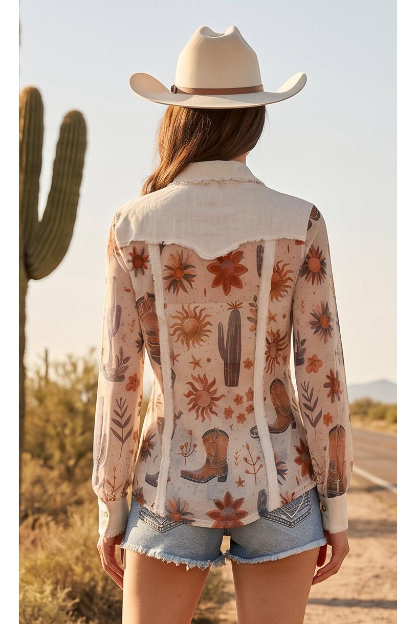 W.A.Y Wonderful & Young Desert Sun Western Mesh Snap Front Blouse-Tops-WAY-Deja Nu Boutique, Women's Fashion Boutique in Lampasas, Texas