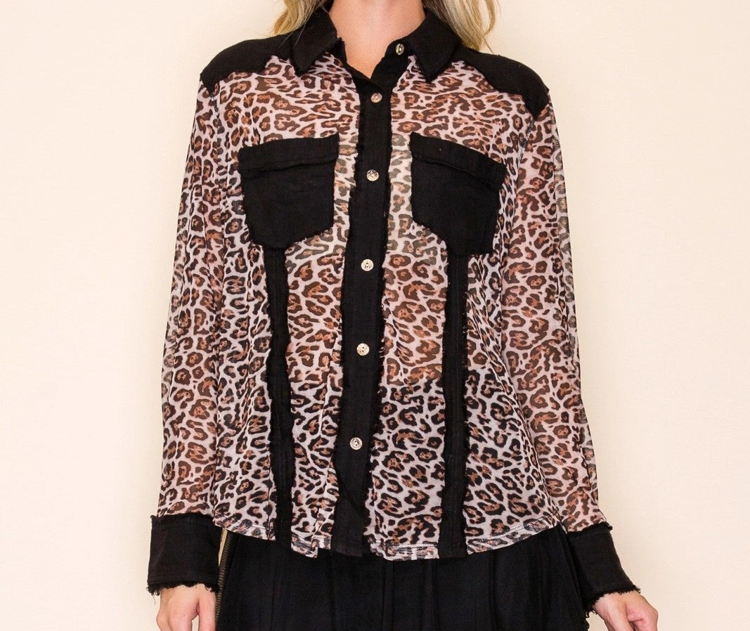 W.A.Y Wonderful & Young Leopard Print Mesh & Linen Combo Shirt-shirts-WAY-Deja Nu Boutique, Women's Fashion Boutique in Lampasas, Texas