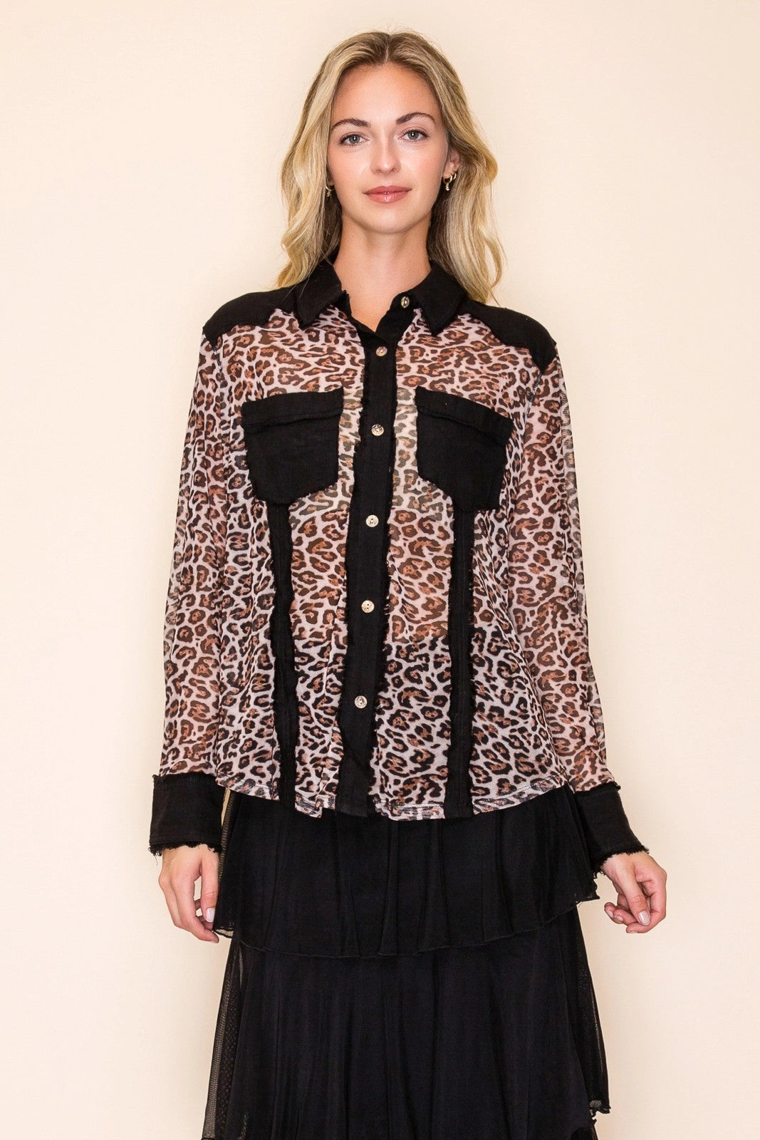 W.A.Y Wonderful & Young Leopard Print Mesh & Linen Combo Shirt-shirts-WAY-Deja Nu Boutique, Women's Fashion Boutique in Lampasas, Texas