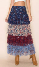 W.A.Y Wonderful & Young Red, White & Blue Printed Tiered Mesh Maxi Skirt-Maxi Skirts-WAY-Deja Nu Boutique, Women's Fashion Boutique in Lampasas, Texas