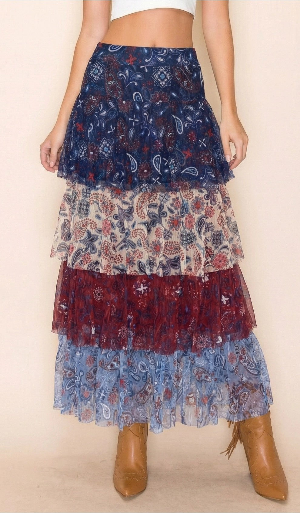 W.A.Y Wonderful & Young Red, White & Blue Printed Tiered Mesh Maxi Skirt-Maxi Skirts-WAY-Deja Nu Boutique, Women's Fashion Boutique in Lampasas, Texas