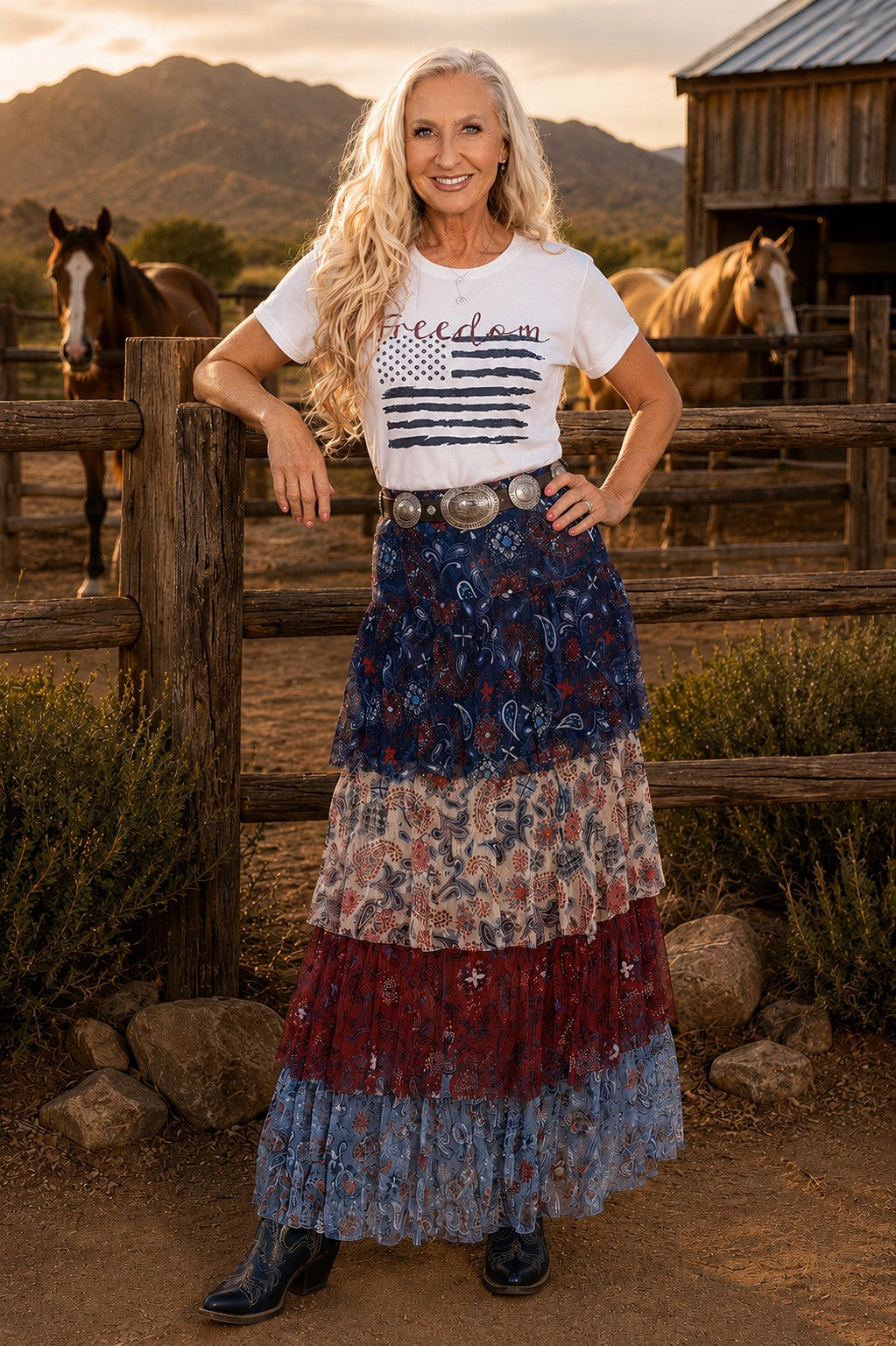 W.A.Y Wonderful & Young Red, White & Blue Printed Tiered Mesh Maxi Skirt-Maxi Skirts-WAY-Deja Nu Boutique, Women's Fashion Boutique in Lampasas, Texas