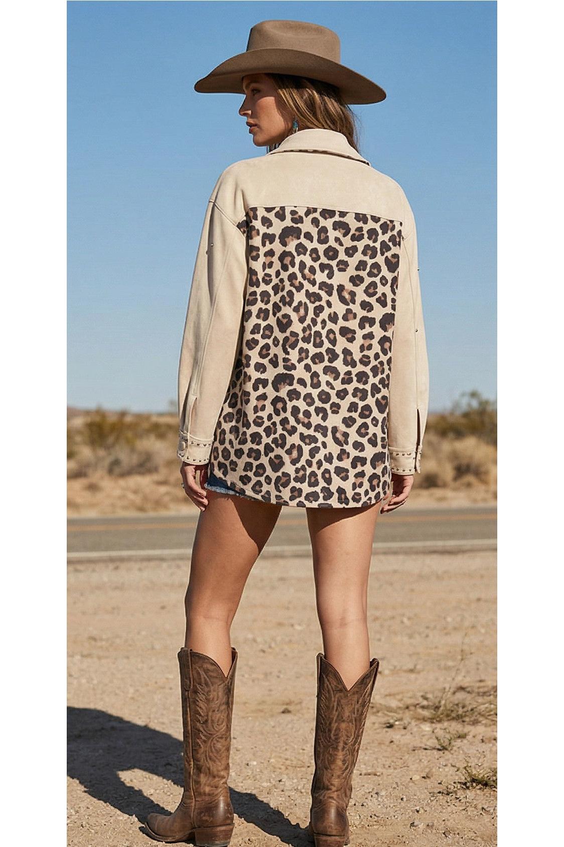 W.A.Y Wonderful & Young Studded Faux Suede Leopard Print Shirt-Tops-WAY-Deja Nu Boutique, Women's Fashion Boutique in Lampasas, Texas