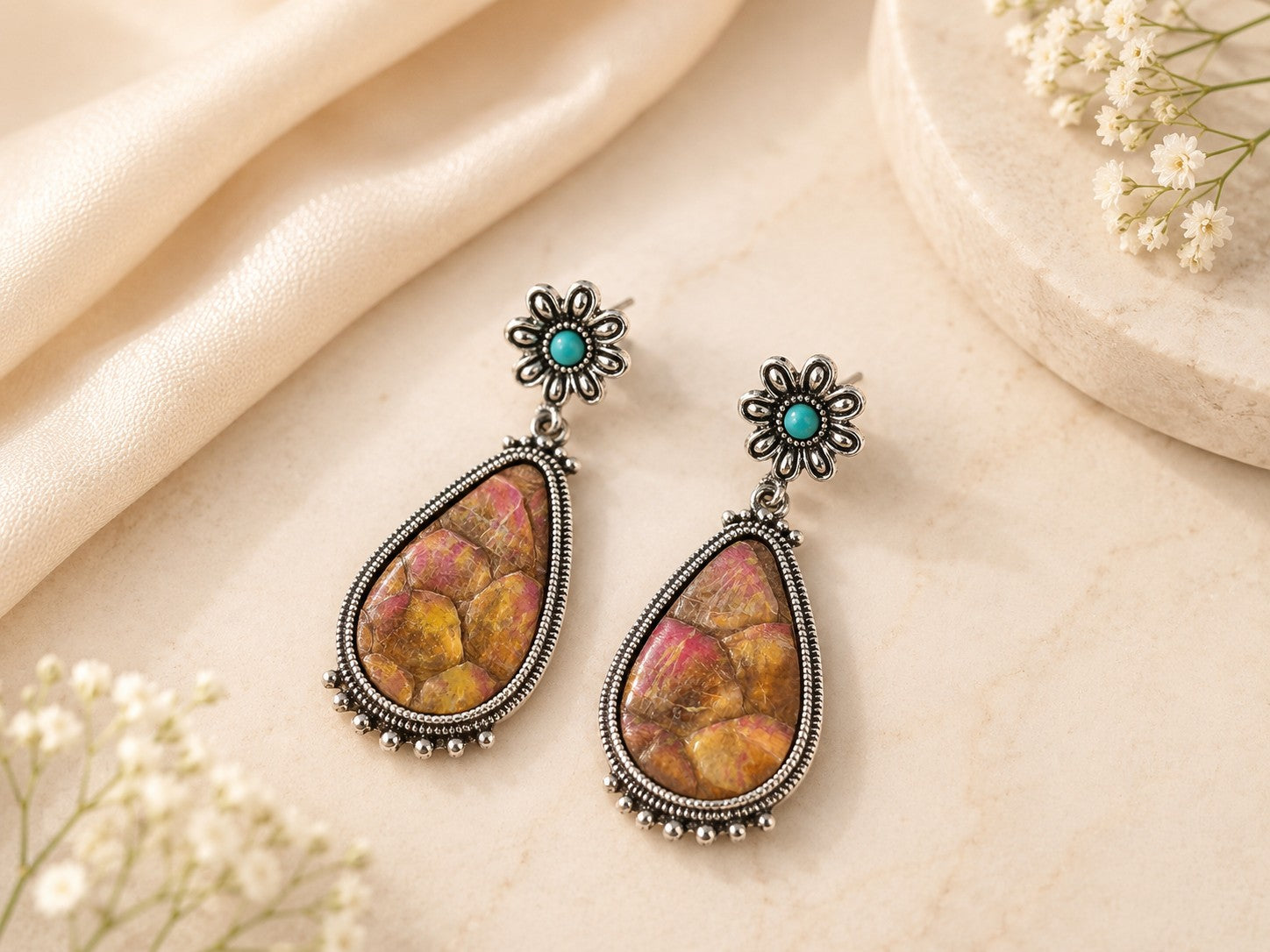 Western Pink Leather Teardrop Earrings with Turquoise Accent-Earrings-Deja Nu-Deja Nu Boutique, Women's Fashion Boutique in Lampasas, Texas