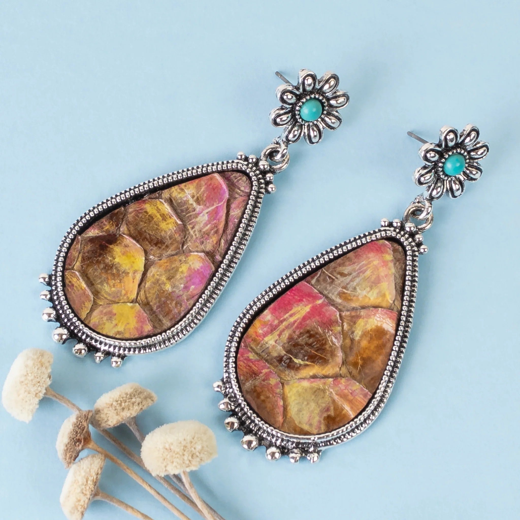 Western Pink Leather Teardrop Earrings with Turquoise Accent-Earrings-Deja Nu-Deja Nu Boutique, Women's Fashion Boutique in Lampasas, Texas