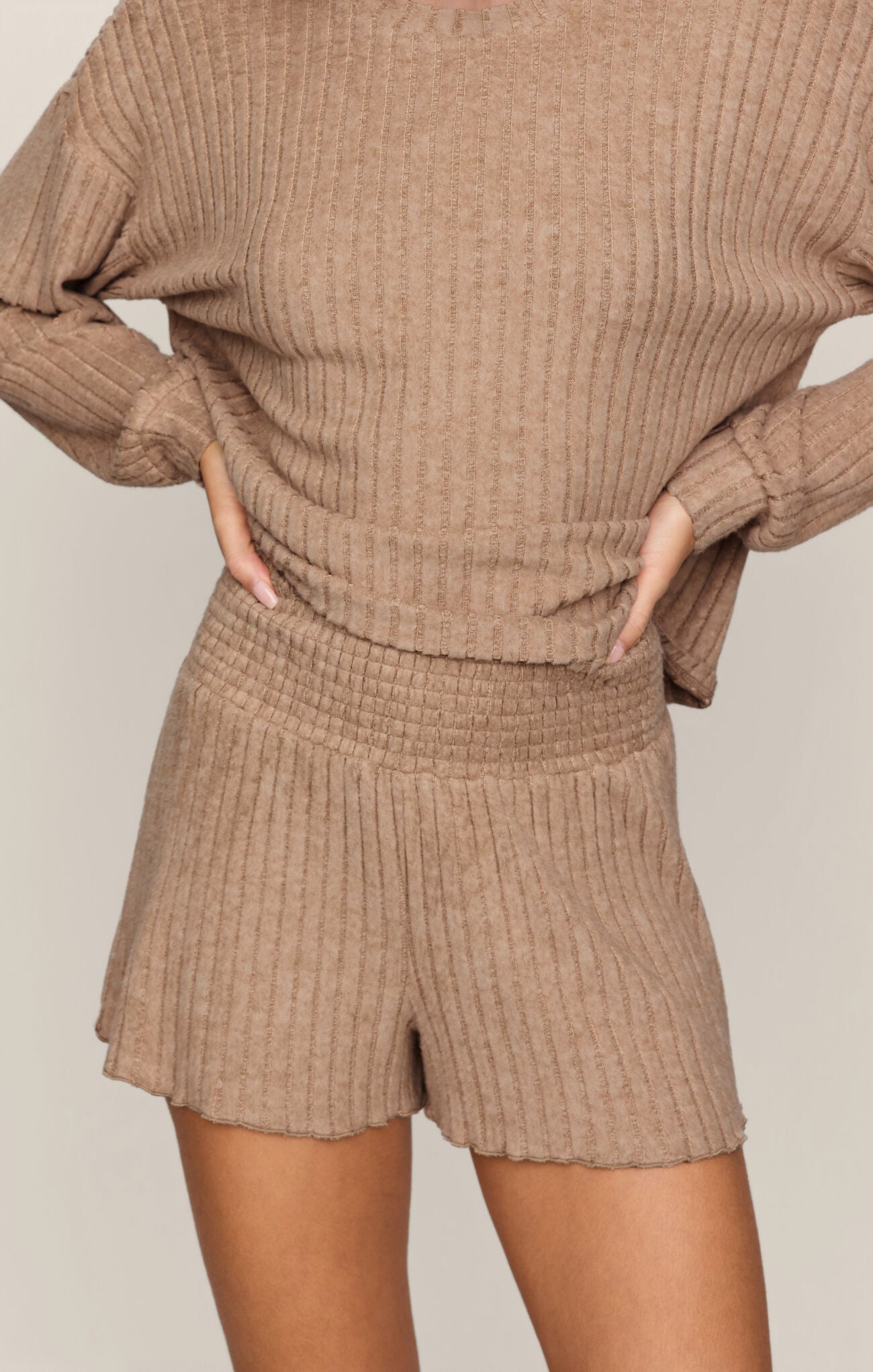 Z Supply Lounge Dawn Smocked Silky Rib Short in Light Toffee-Lounge Wear-Z Supply Lounge-Deja Nu Boutique, Women's Fashion Boutique in Lampasas, Texas