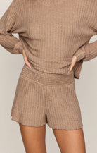 Z Supply Lounge Dawn Smocked Silky Rib Short in Light Toffee-Lounge Wear-Z Supply Lounge-Deja Nu Boutique, Women's Fashion Boutique in Lampasas, Texas