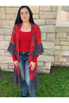 Turquoise Haven Red & Navy Bandana Print Kimono-Cardigans & Kimonos-Turquoise Haven-Deja Nu Boutique, Women's Fashion Boutique in Lampasas, Texas