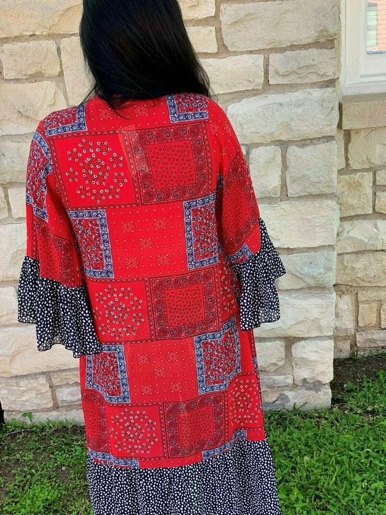 Turquoise Haven Red & Navy Bandana Print Kimono-Cardigans & Kimonos-Turquoise Haven-Deja Nu Boutique, Women's Fashion Boutique in Lampasas, Texas